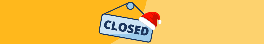 graphic of a sign with the words closed on it, a santa hat is resting on the sign